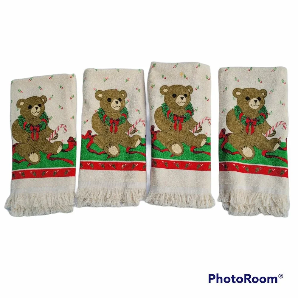 Cannon Dish Towels Vintage Christmas Wreath Bears Candy Canes USA Set 4 Kitchen